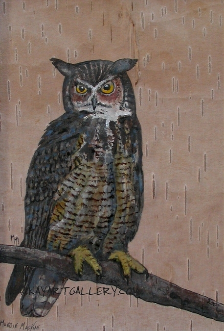 Great Horned Owl on Birch Bark